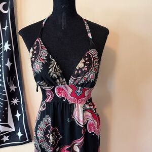 Even5 Y2K Paisley Print Halter Maxi Dress Size 8 V-Neck Beachy Boho Pink Black